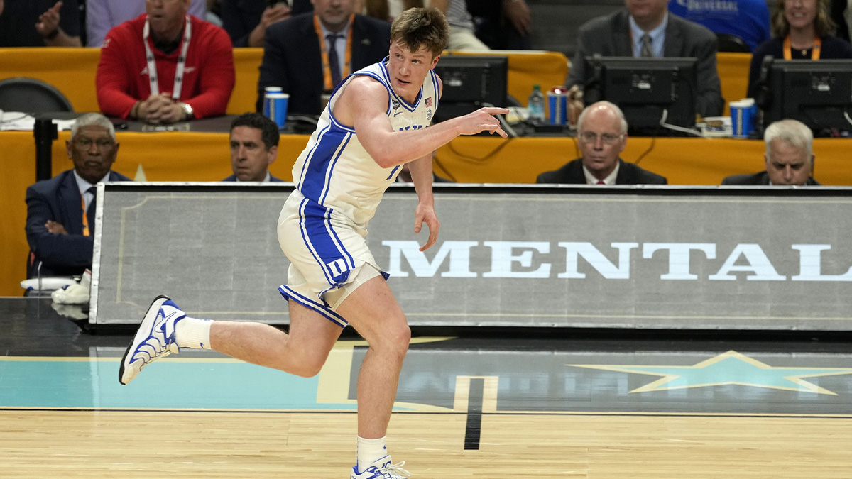Duke Blue Devils guard Kon Knueppel (7) reacts after a play against the Houston Cougars during the first half in the semifinals of the men's Final Four of the 2025 NCAA Tournament at Alamodome. Carter Bryant