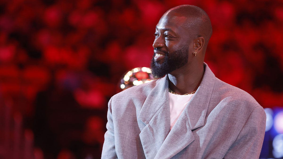 Oct 28, 2024; Miami, Florida, USA; Former Miami Heat guard Dwyane Wade is honored at halftime during the game against the Detroit Pistons at Kaseya Center.