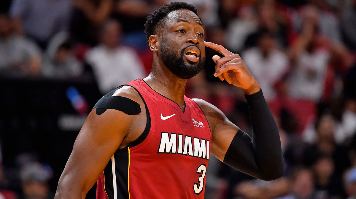 Miami Heat guard Dwyane Wade (3) gestures during the second half against the Cleveland Cavaliersat American Airlines Arena.