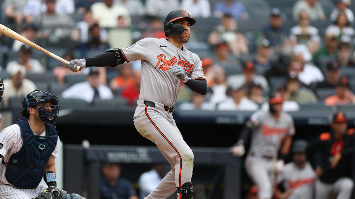 Baltimore Orioles right fielder Dylan Carlson (15) doubles during the seventh inning against the New York Yankees at Yankee Stadium.