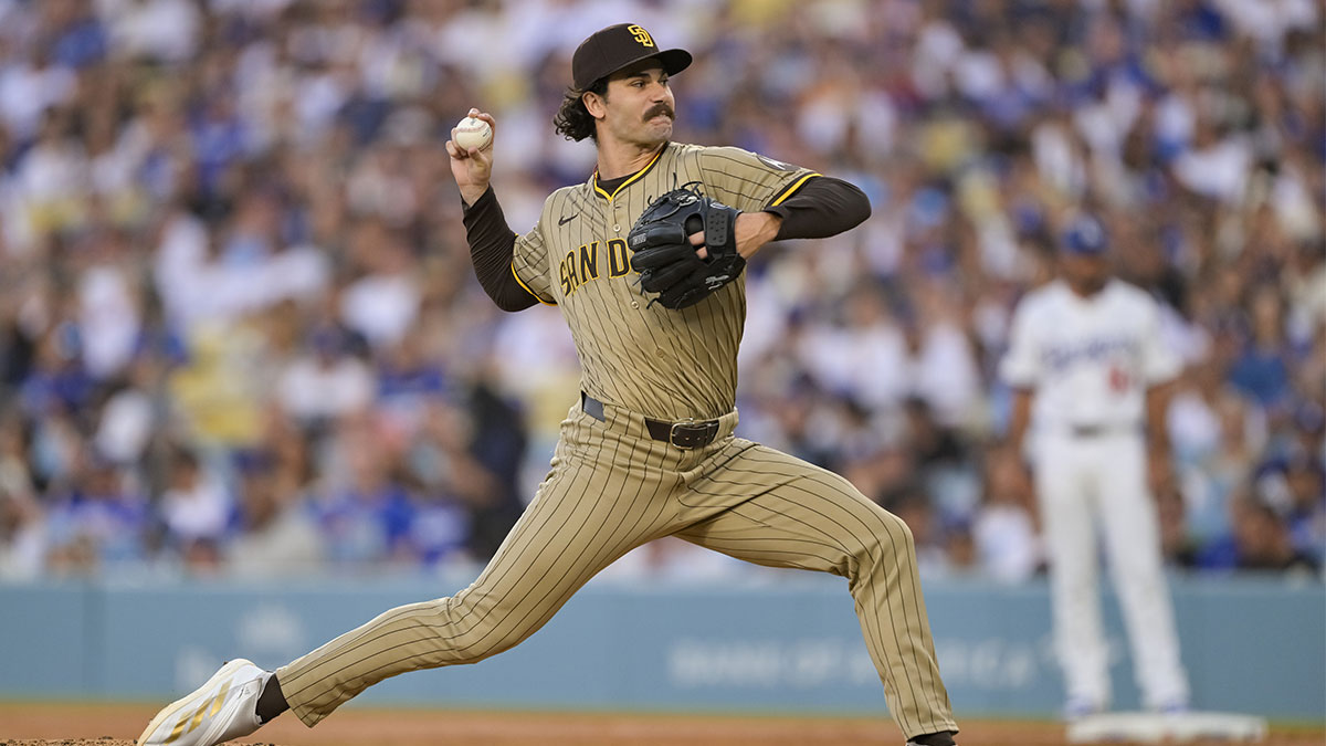 San Diego Padres starting pitcher Dylan Cease (84) throws against the Los Angeles Dodgers during the first inning at Dodger Stadium.