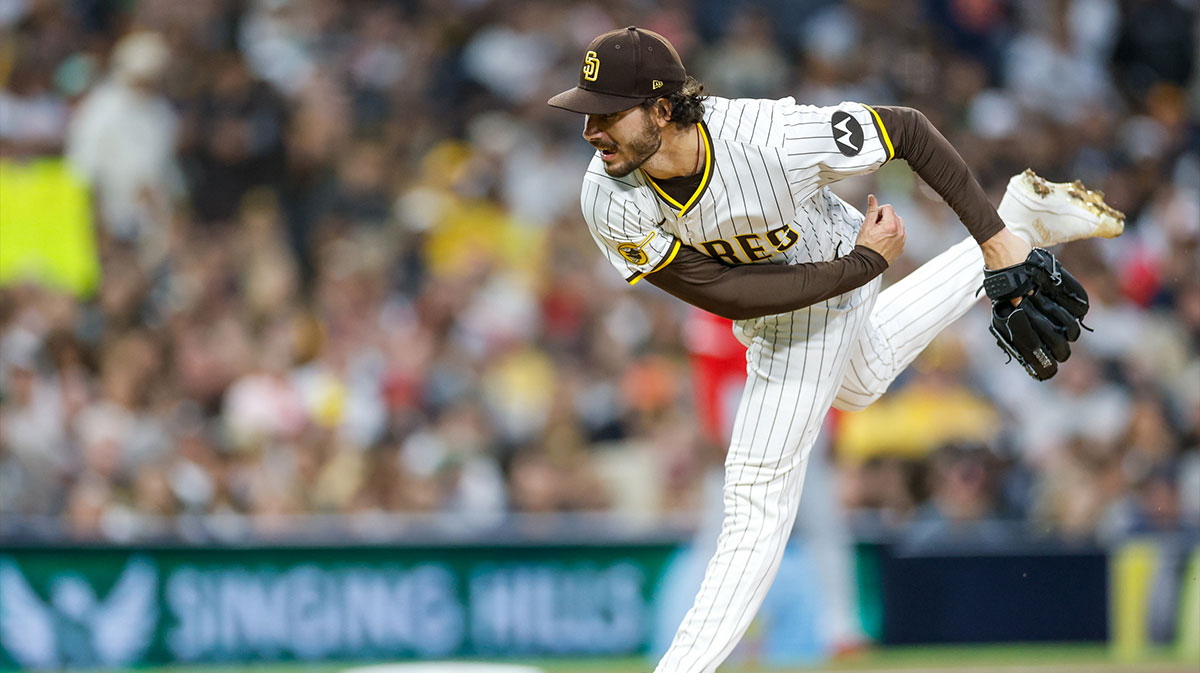 San Diego Padres starting pitcher Dylan Cease (84) throws a pitch during the fifth inning against the Los Angeles Angels at Petco Park.