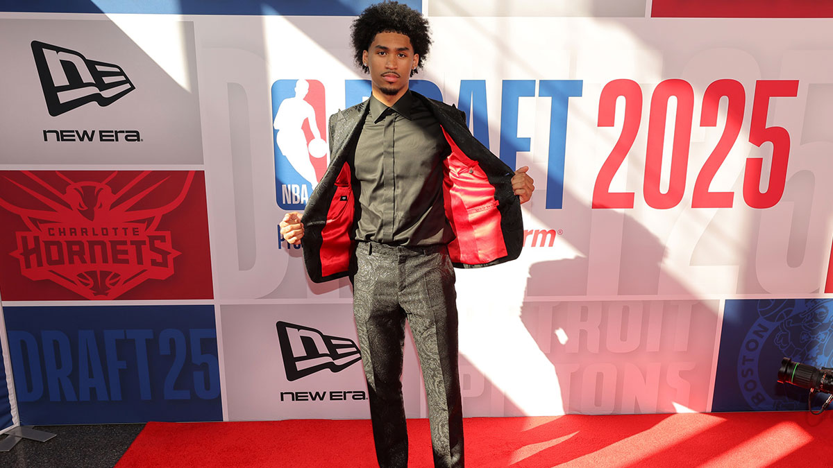 Dylan Harper arrives before the first round of the 2025 NBA Draft at Barclays Center.