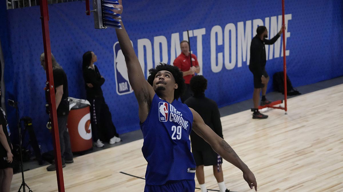 Dylan Harper (29) participates in the 2025 NBA Draft Combine at Wintrust Arena.