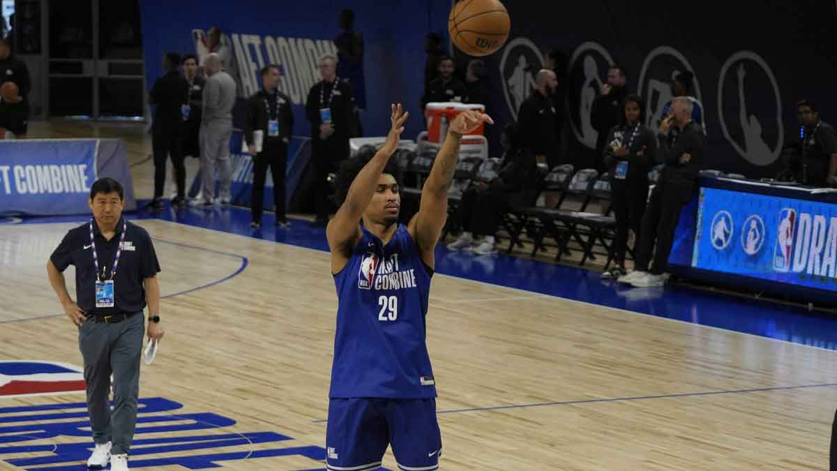 Dylan Harper (29) participates in the 2025 NBA Draft Combine at Wintrust Arena.