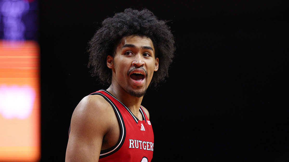 Rutgers Scarlet Knights guard Dylan Harper (2) reacts during the first half against the Purdue Boilermakers at Jersey Mike's Arena.