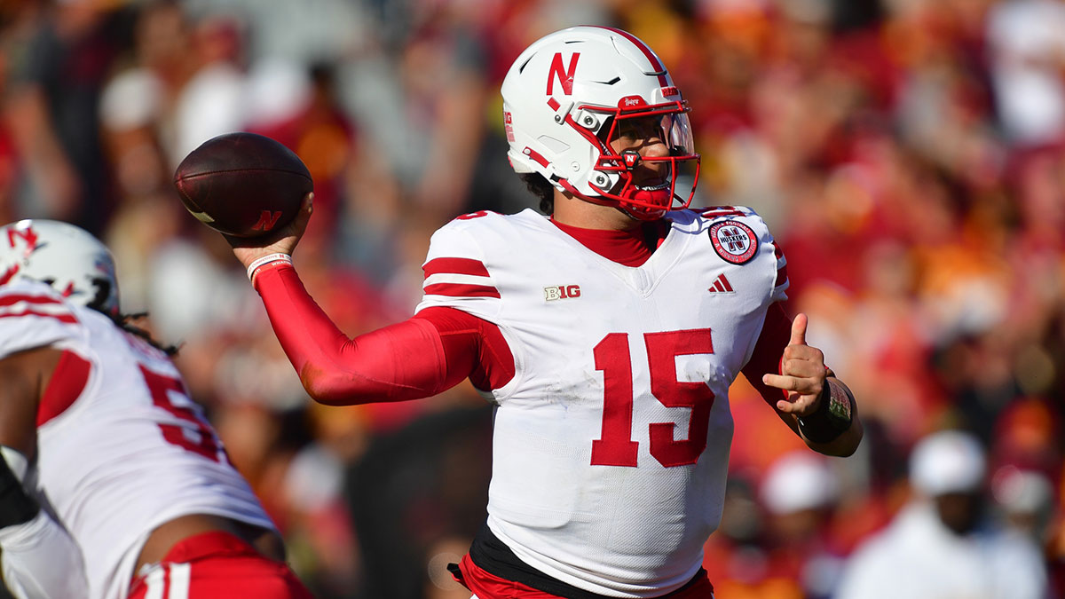 Nebraska Cornhuskers quarterback Dylan Raiola (15) throws against the Southern California Trojans during the first half at the Los Angeles Memorial Coliseum.