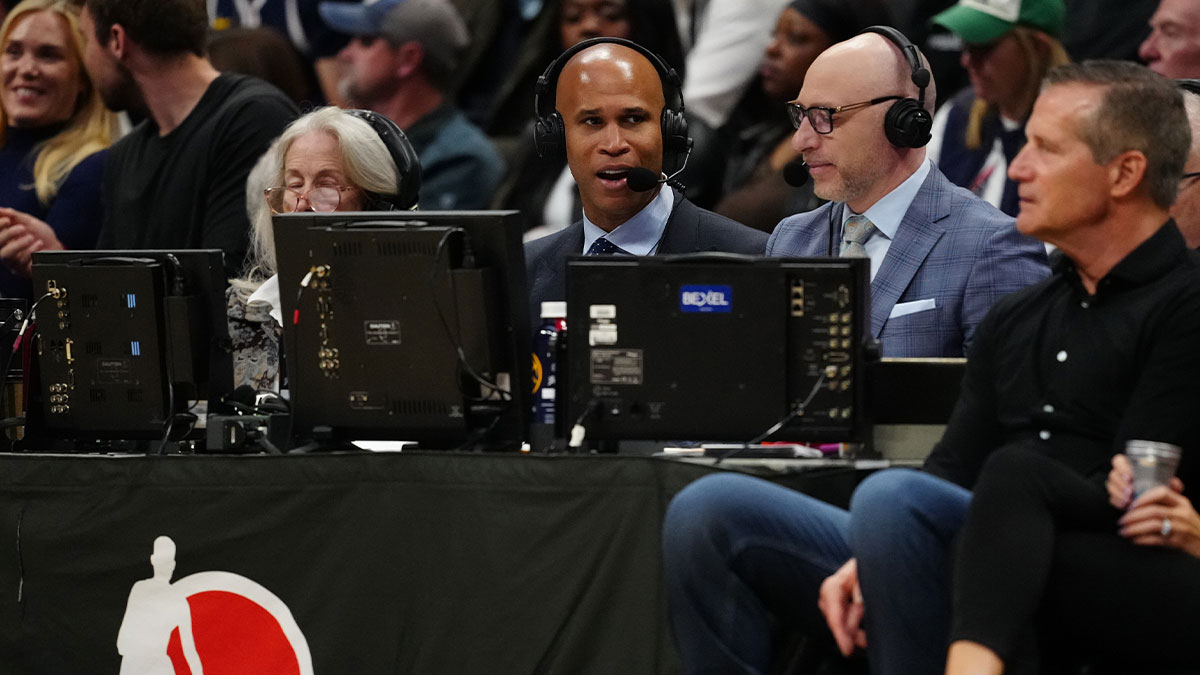 General view of the ESPN broadcast crew during a game between the Minnesota Timberwolves against the Denver Nuggets at Ball Arena.