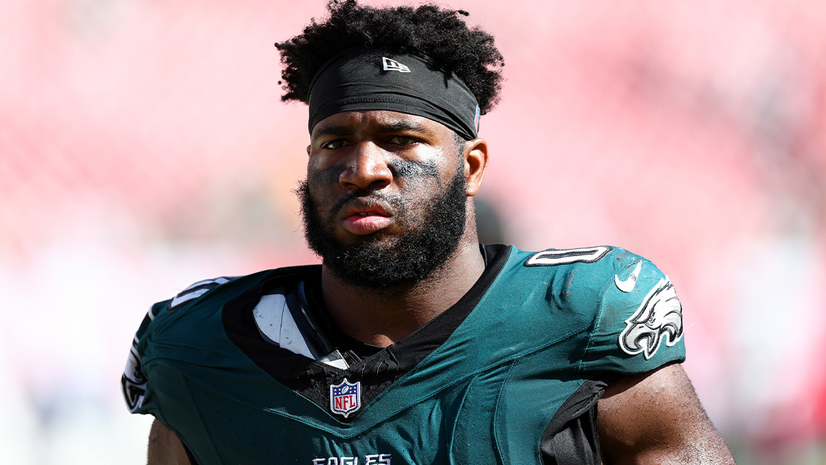 Sep 29, 2024; Tampa, Florida, USA; =Philadelphia Eagles defensive end Bryce Huff (0) looks on after a game against the Tampa Bay Buccaneers at Raymond James Stadium. Mandatory Credit: Nathan Ray Seebeck-Imagn Images