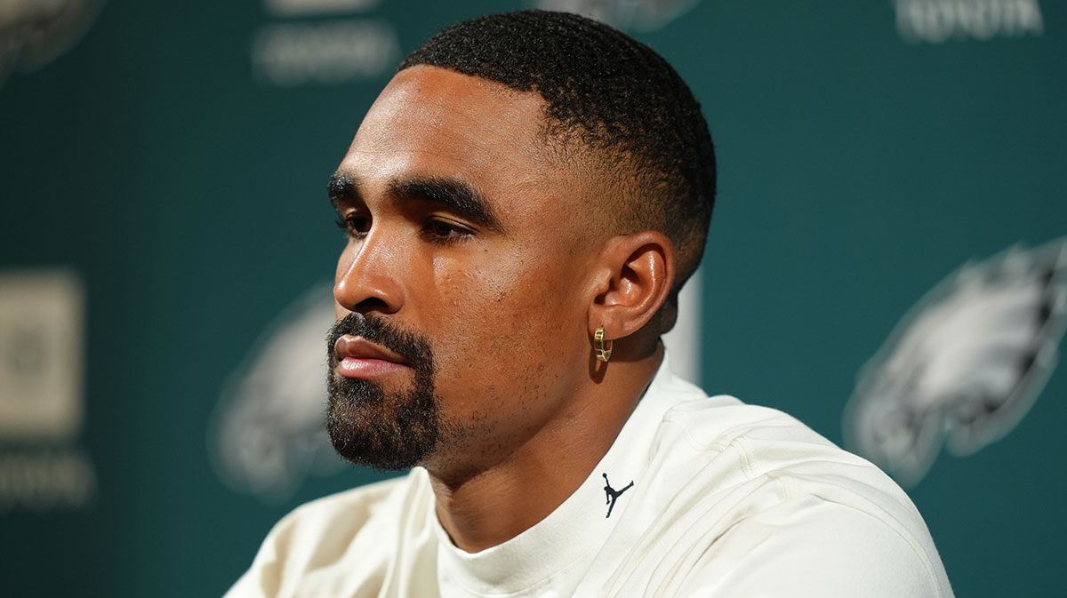 Philadelphia Eagles quarterback Jalen Hurts, who announced his debut children's book on the Today Show, at a press conference.