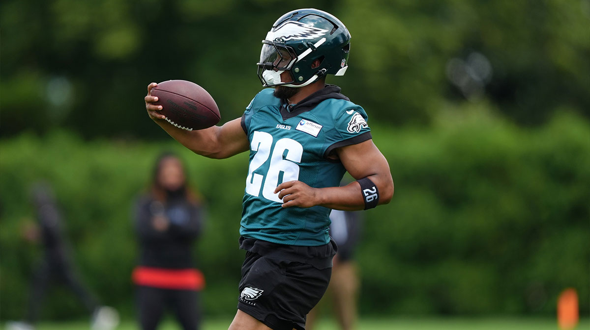 Philadelphia Eagles running back Saquon Barkley (26) performs a practice drill at NovaCare Complex.