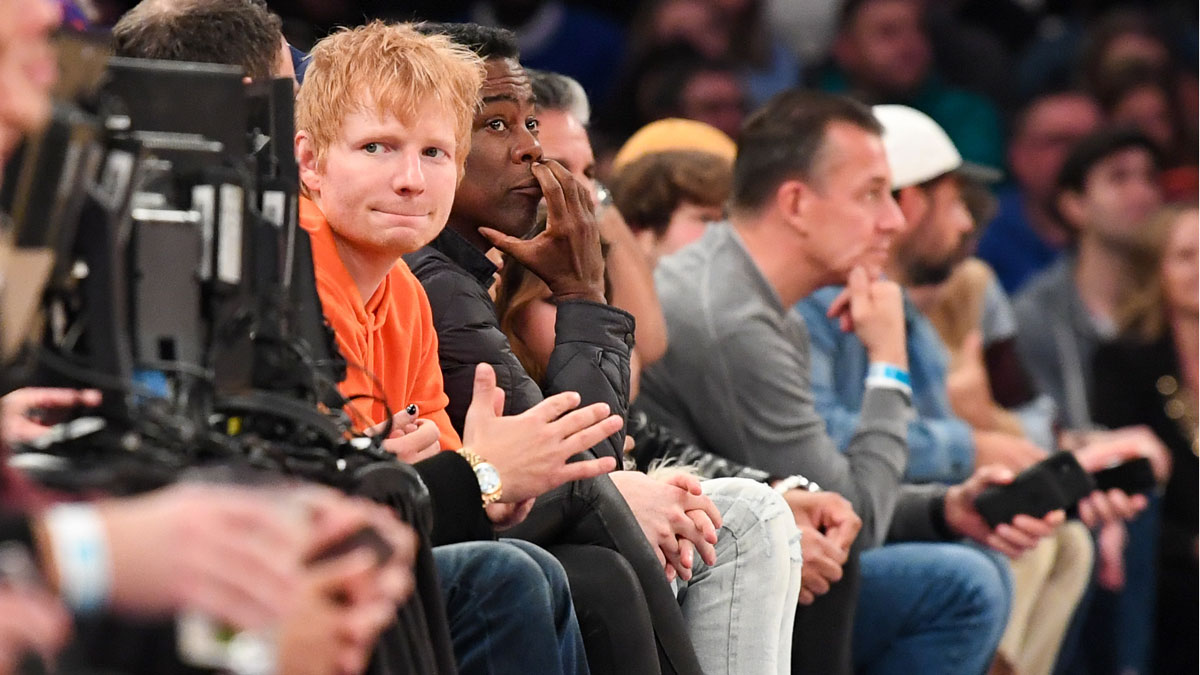 Ed Sheeran, who tripped and fell during his 2025 Mathematics Tour return in Madrid, Spain, at Knicks game.