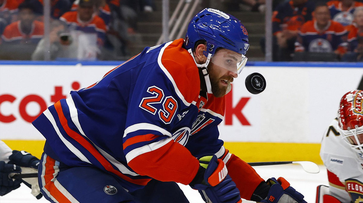 Edmonton Oilers center Leon Draisaitl (29) skates past Florida Panthers center Carter Verhaeghe (not pictured) during the third period in game two of the 2025 Stanley Cup Final at Rogers Place.