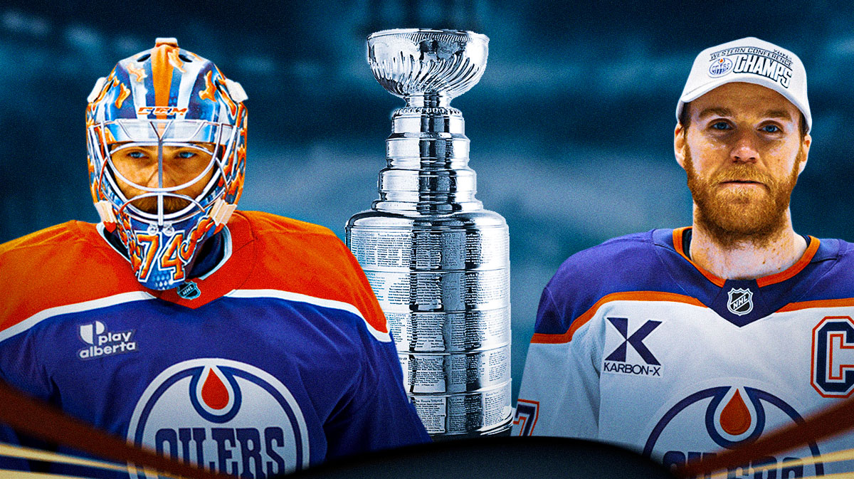 Oilers Stuart Skinner and Connor McDavid with the Stanley Cup prominently displayed in the center. Oilers, Panthers, Stanley Cup Final