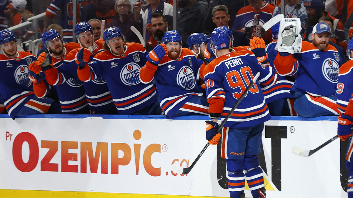 Edmonton Oilers right wing Corey Perry (90) reacts after making the game tying goal to send it into overtime against the Florida Panthers during the third period in game two of the 2025 Stanley Cup Final at Rogers Place.