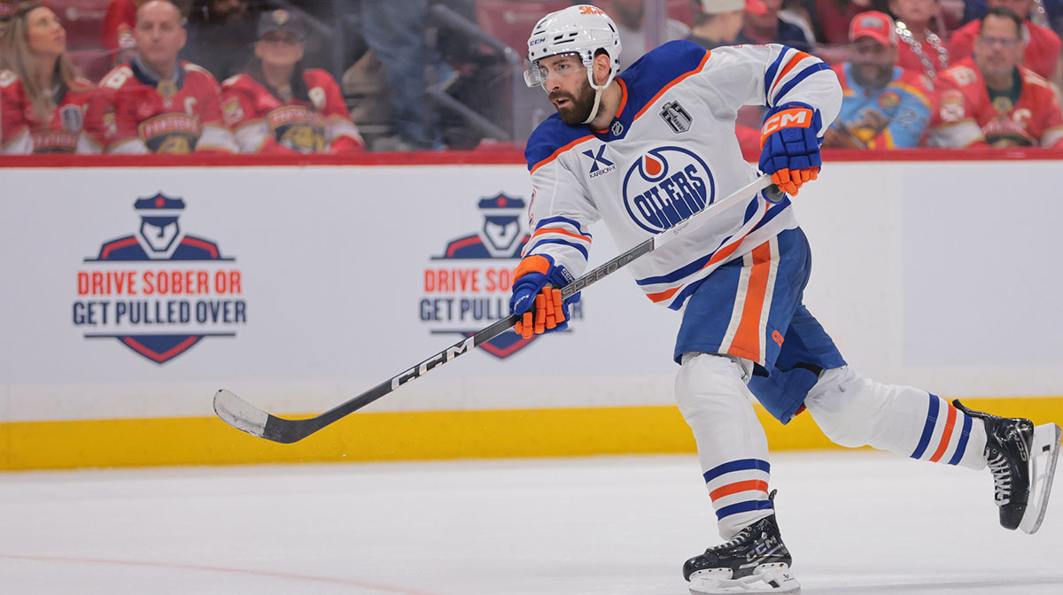 Edmonton Oilers defenseman Evan Bouchard (2) shoots the puck during the third period against the Florida Panthers in game three of the 2025 Stanley Cup Final at Amerant Bank Arena