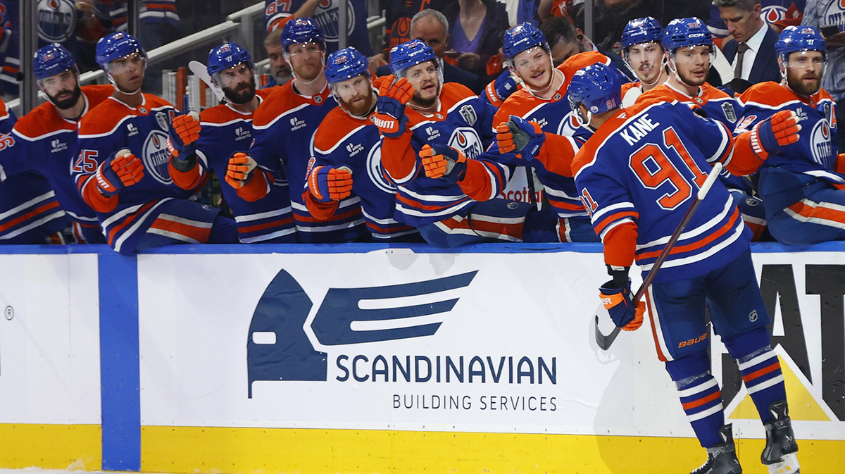 Edmonton Oilers left wing Evander Kane (91) reacts after scoring a goal against the Florida Panthers during the first period in game two of the 2025 Stanley Cup Final at Rogers Place