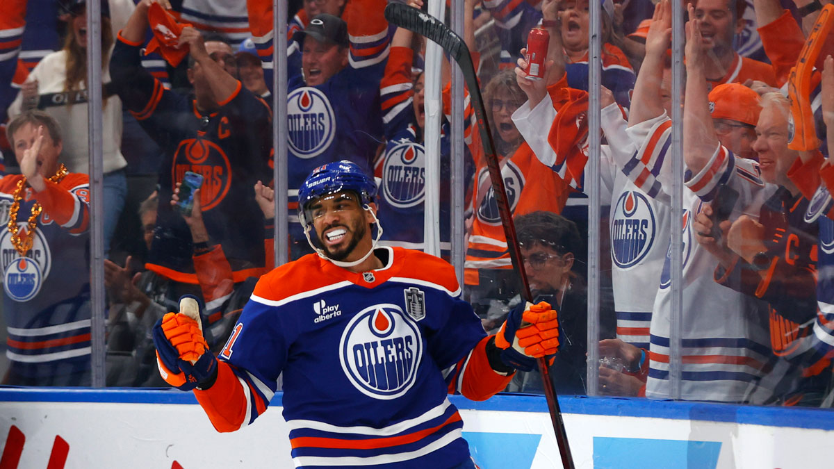 Edmonton Oilers left wing Evander Kane (91) reacts after scoring a goal against the Florida Panthers during the first period in game two of the 2025 Stanley Cup Final at Rogers Place.