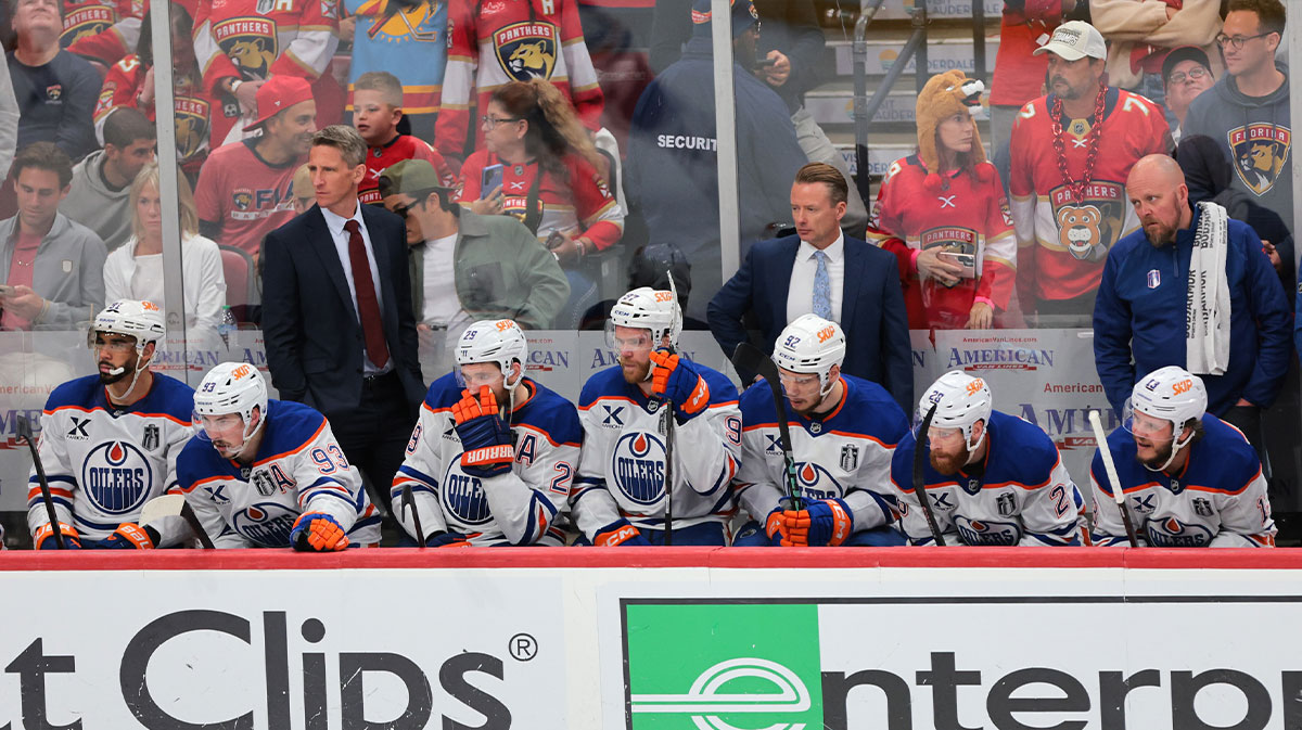 The Edmonton Oilers look on from the bench in the final minutes of game six of the 2025 Stanley Cup Final against the Florida Panthers at Amerant Bank Arena.