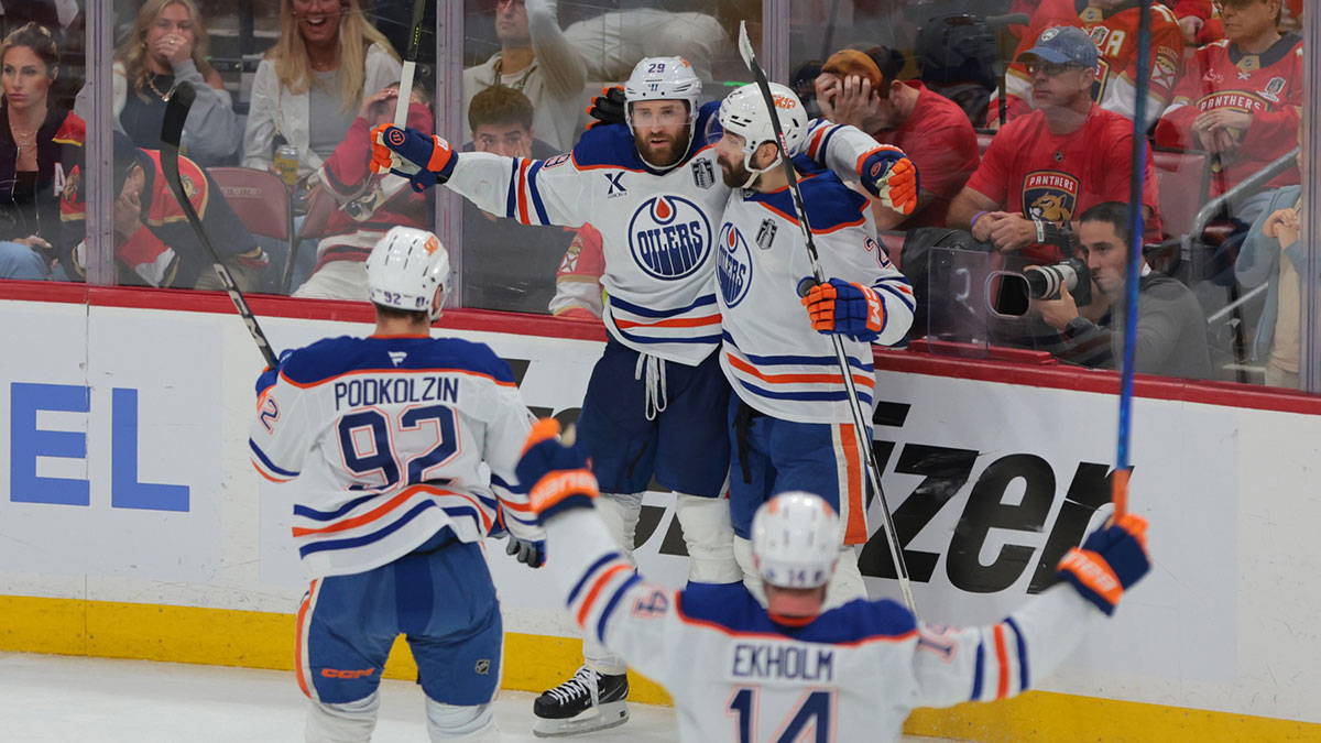 Edmonton Oilers center Leon Draisaitl (29) celebrates scoring in overtime against the Florida Panthers in game four of the 2025 Stanley Cup Final at Amerant Bank Arena.
