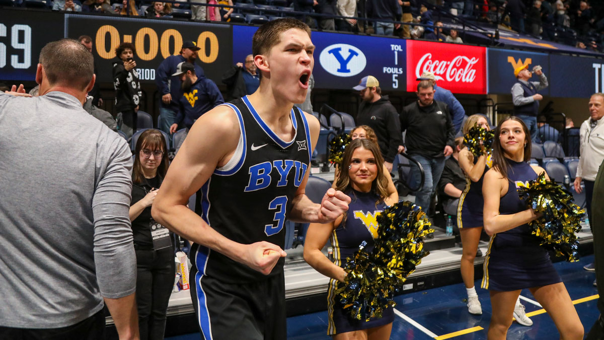 Brigham Young Cougars guard Egor Demin (3) celebrates after defeating the West Virginia Mountaineers at WVU Coliseum.
