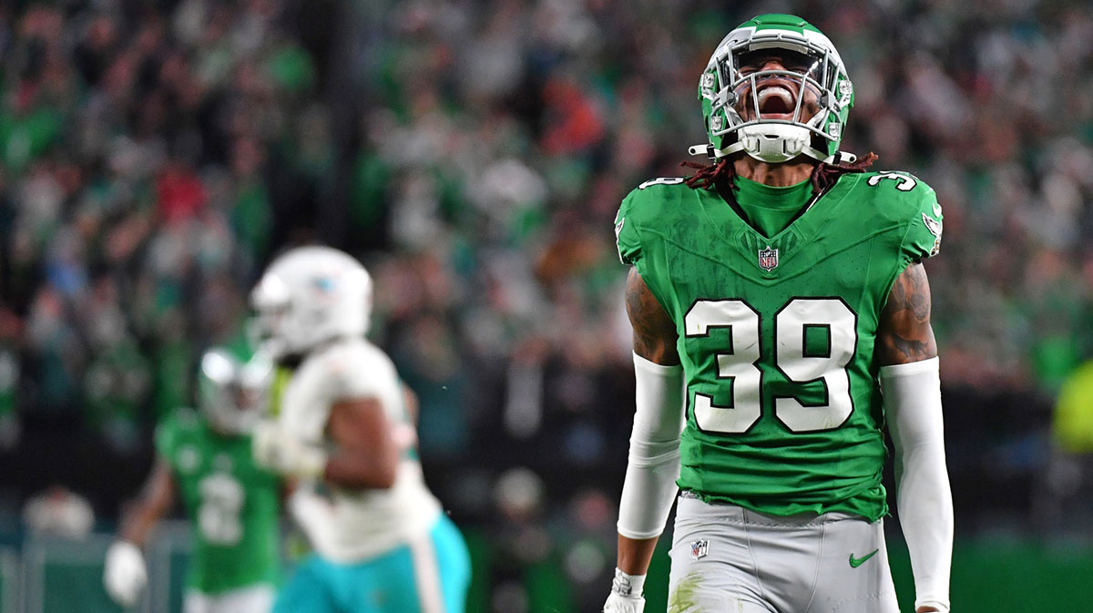 Philadelphia Eagles cornerback Eli Ricks (39) reacts after after breaking up a pass on fourth down against the Miami Dolphins during the fourth quarter at Lincoln Financial Field.