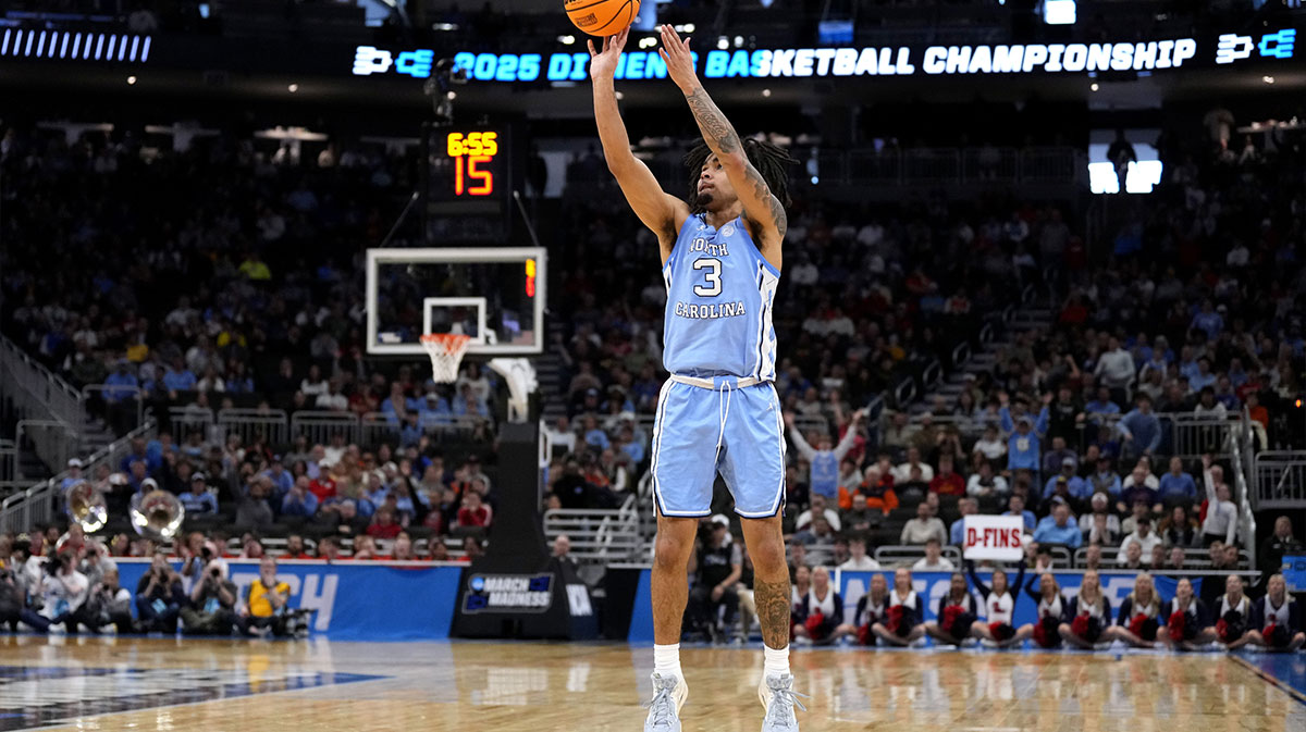 North Carolina Tar Heels guard Elliot Cadeau (3) shoots during the second half of a first round NCAA men’s tournament game against the Mississippi Rebels at Fiserv Forum.