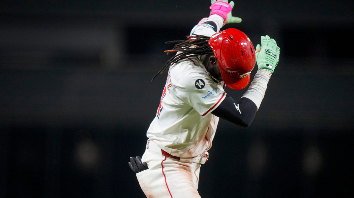 Cincinnati Reds shortstop Elly De La Cruz (44) celebrates a solo home run in the eighth inning of the MLB interleague game between the Cincinnati Reds and the New York Yankees at Great American Ball Park.