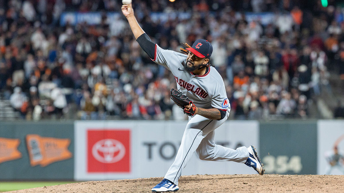 Cleveland Guardians pitcher Emmanuel Clase (48) throws a pitch during the ninth inning against the San Francisco Giants at Oracle Park.