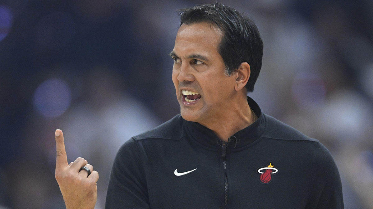 Miami Heat head coach Erik Spoelstra reacts in the first quarter of game two of the first round of the 2025 NBA Playoffs against the Cleveland Cavaliers at Rocket Arena.