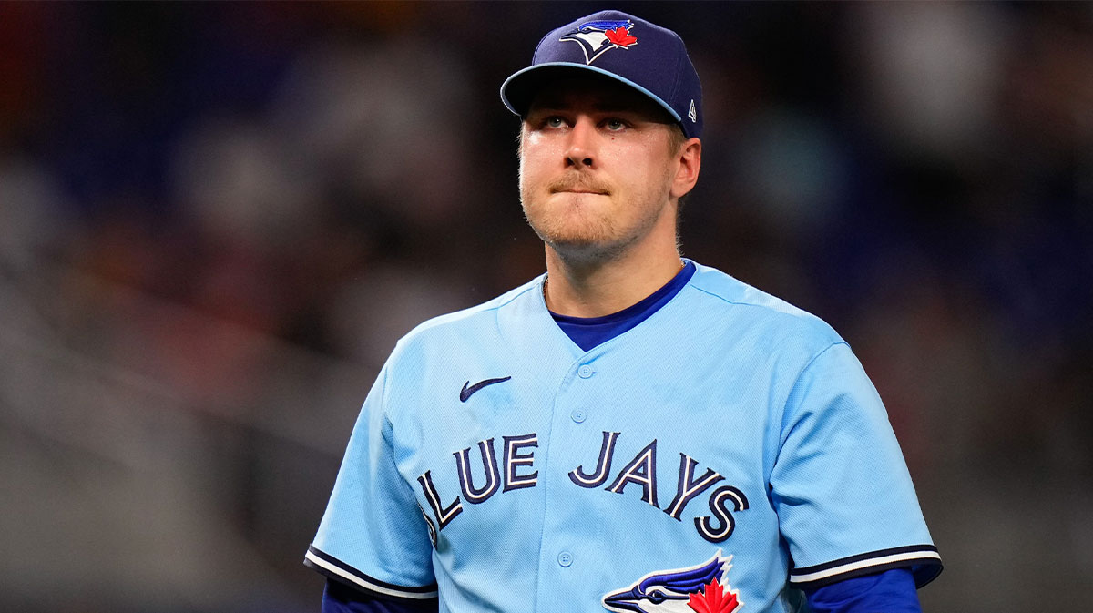 Jun 20, 2023; Miami, Florida, USA; Toronto Blue Jays relief pitcher Erik Swanson (50) leaves the mound during the eighth inning against the Miami Marlins at loanDepot Park. Mandatory Credit: Rich Storry-Imagn Images. Swanson released as Max Scherzer set to return