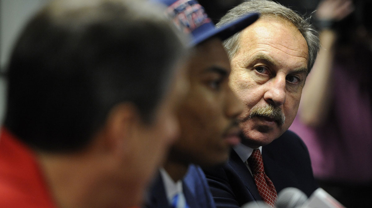 Washington Wizards general manager Ernie Grunfeld looks at Wizards rookie Otto Porter Jr. during a press conference after being drafted with the third pick in the first round of the 2013 NBA Draft at Verizon Center.
