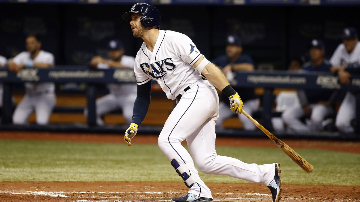 Tampa Bay Rays third baseman Evan Longoria (3) singles during the fifth inning against the Boston Red Sox at Tropicana Field.