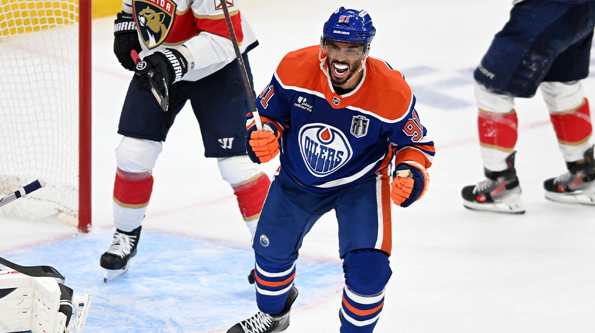 Edmonton Oilers left wing Evander Kane (91) reacts after Edmonton Oilers defenseman Mattias Ekholm (not pictured) scores a goal against the Florida Panthers during the third period in game one of the 2025 Stanley Cup Final at Rogers Place.