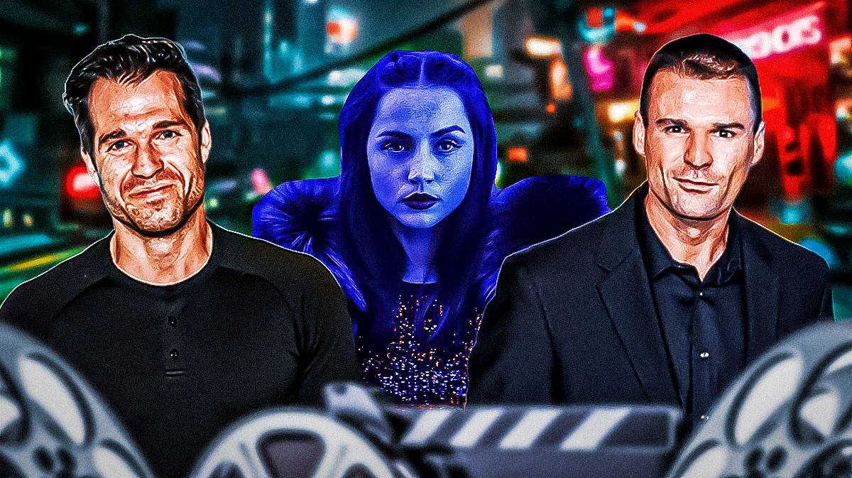 John Wick spin-off movie Ballerina star Ana de Armas in between stunt coordinators Stephen Dunlevy and Jackson Spidell.