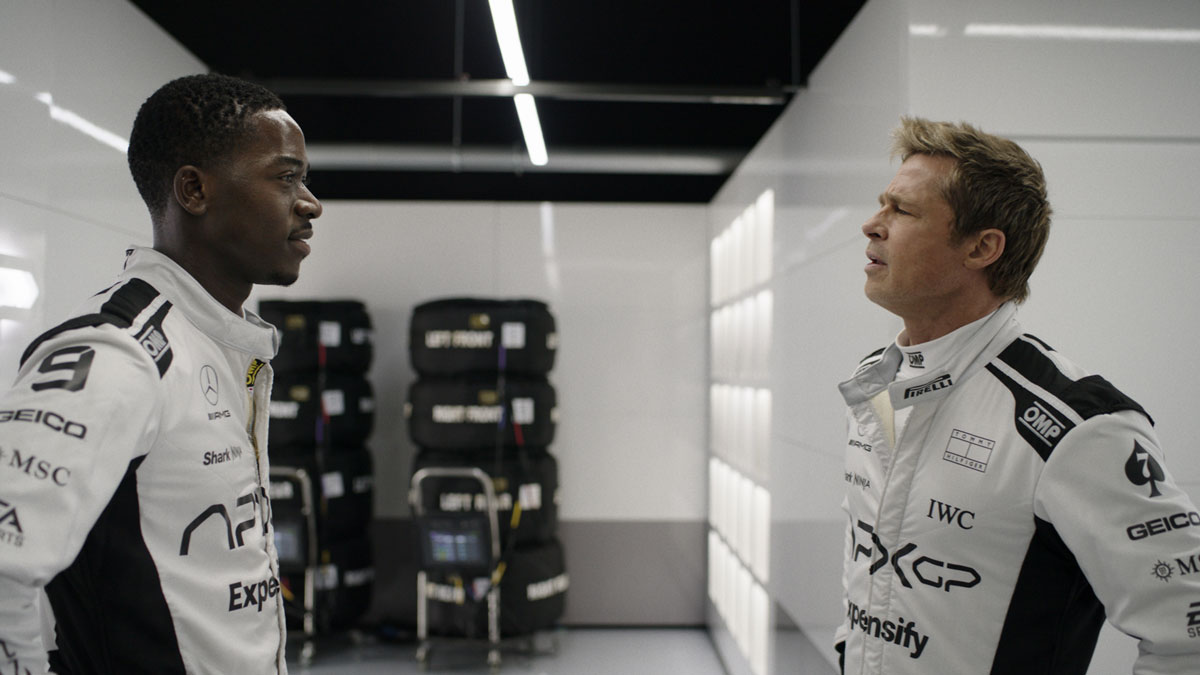 Damson Idris and Brad Pitt in the new Formula 1 movie F1.