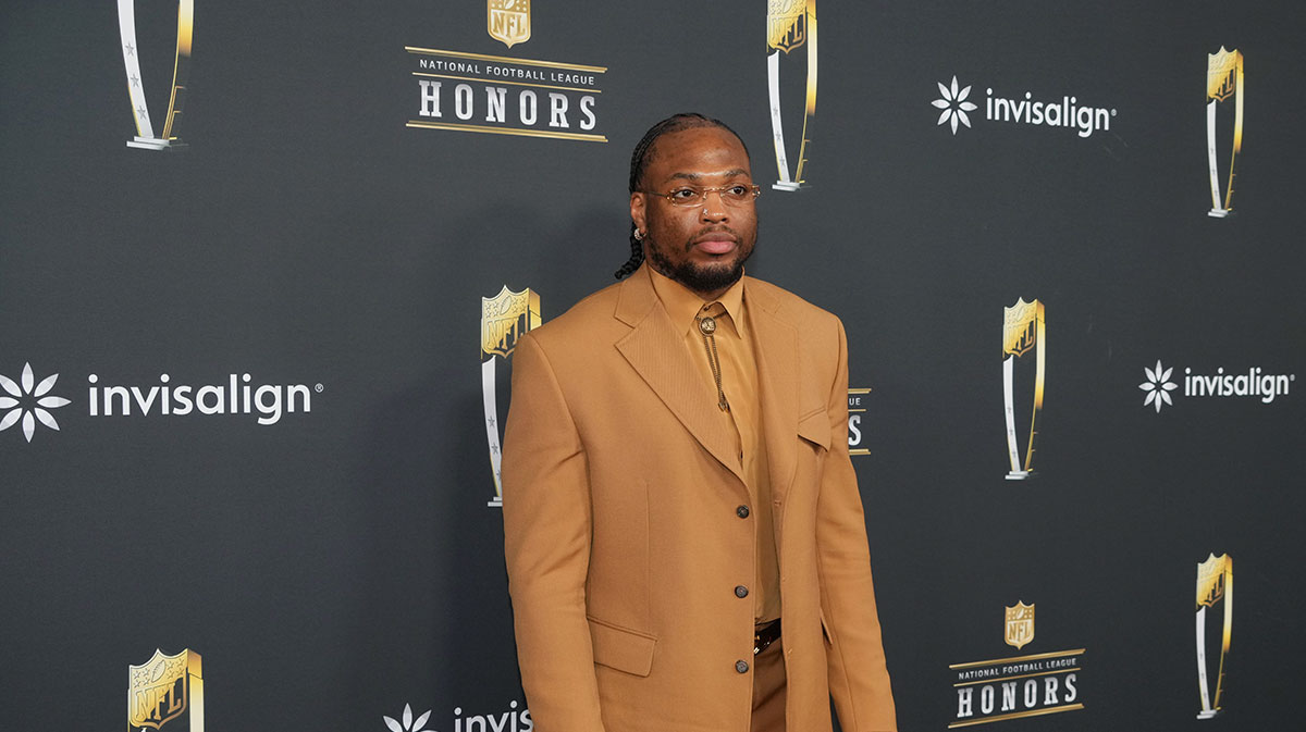 Feb 6, 2025; New Orleans, LA, USA; Derrick Henry on the red carpet before Super Bowl LIX NFL Honors at Saenger Theatre. Mandatory Credit: Kirby Lee-Imagn Images