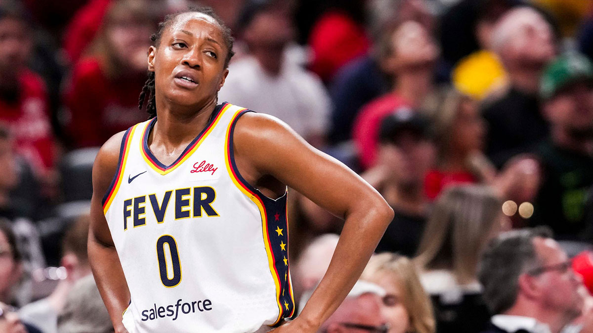 Indiana Fever guard Kelsey Mitchell (0) reacts to a call Saturday, May 24, 2025, during a game between the Indiana Fever and the New York Liberty at Gainbridge Fieldhouse in Indianapolis.