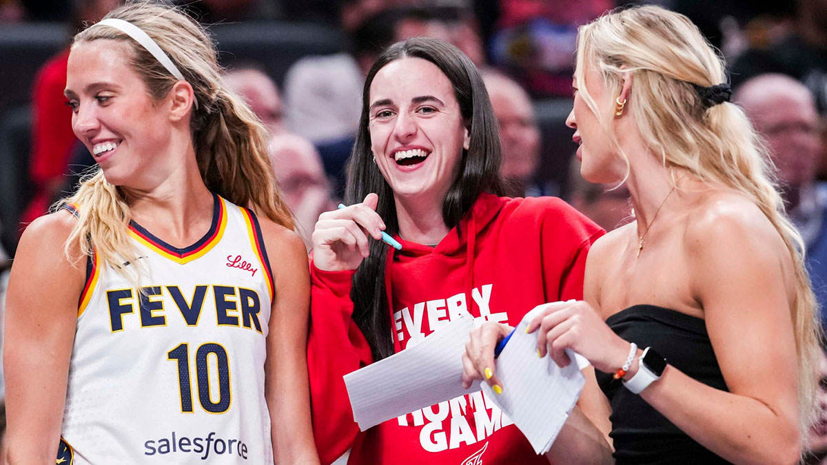 Fever guard Caitlin Clark, Lexie Hull and Sophie Cunningham laugh