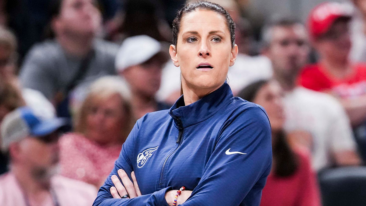 Indiana Fever head coach Stephanie White watches the action during a game between the Indiana Fever and the Washington Mystics at Gainbridge Fieldhouse.