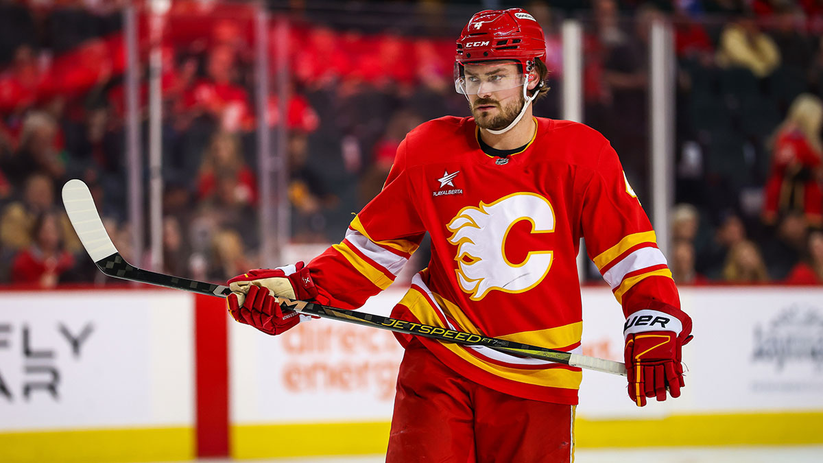Calgary Flames defenseman Rasmus Andersson (4) against the Minnesota Wild during the second period at Scotiabank Saddledome.