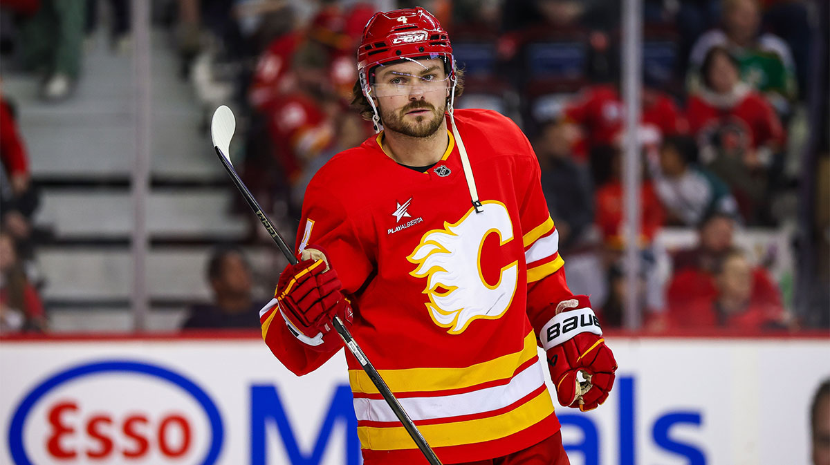 Calgary Flames defenseman Rasmus Andersson (4) against the Minnesota Wild during the third period at Scotiabank Saddledome.
