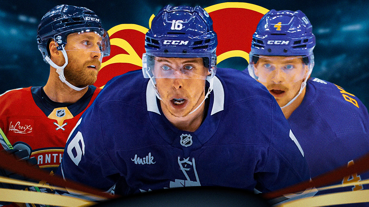 Mitch Marner in the center, Sam Bennett and Bowen Byram on the outsides. Flame logo in the background, flames free agency, flames dream, nhl, nhl free agency