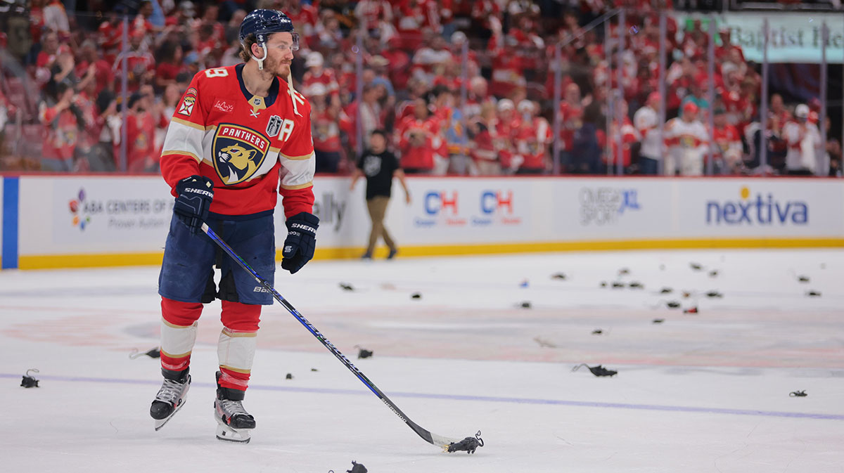 Florida Panthers forward Matthew Tkachuk (19) puts a rat on the stick after the third period against the Edmonton Oilers in game three of the 2025 Stanley Cup Final at Amerant Bank Arena.