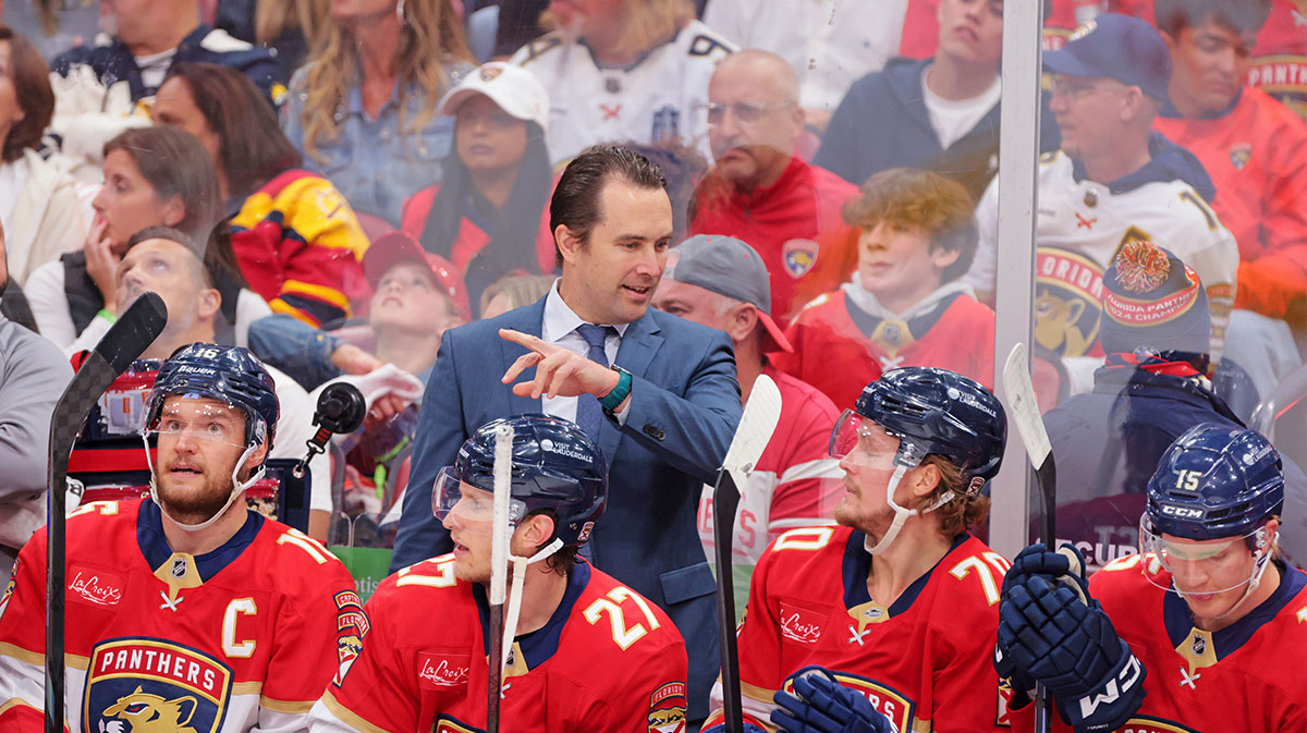 Florida Panthers assistant head coach Tuomo Ruutu reacts with the bench during the first period against the Carolina Hurricanes in game four of the Eastern Conference Final of the 2025 Stanley Cup Playoffs at Amerant Bank Arena.
