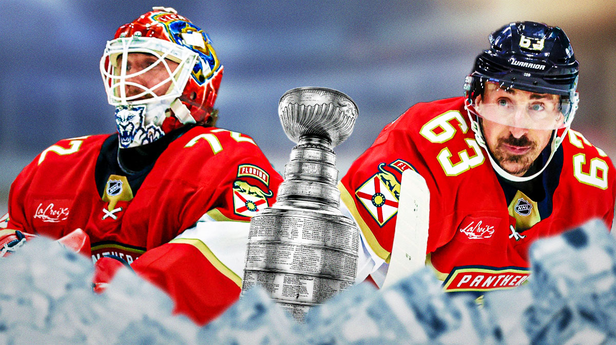 Brad Marchand and Sergei Bobrovsky. Stanley Cup in the center and predominatly displayed. panthers, oilers, stanley cup finals