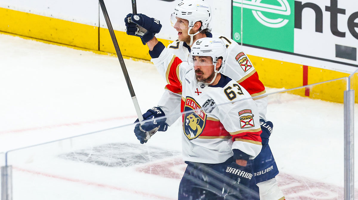 Florida Panthers center Brad Marchand (63) celebrates his goal against the Edmonton Oilers during the first period in game five of the 2025 Stanley Cup Final at Rogers Place.