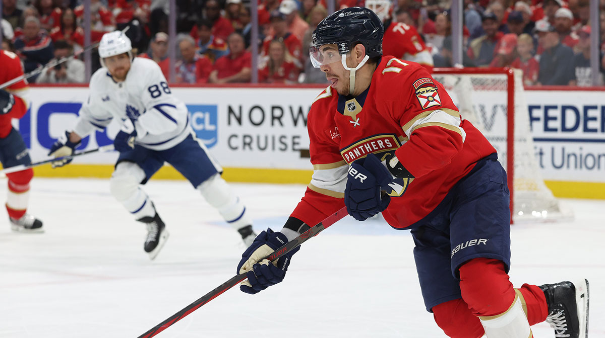 Florida Panthers center Evan Rodrigues (17) skates with the puck against the Toronto Maple Leafs during the first period in game four of the second round of the 2025 Stanley Cup Playoffs at Amerant Bank Arena