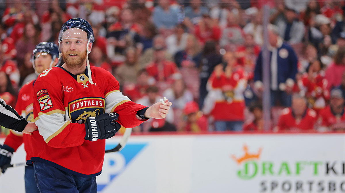 Florida Panthers center Sam Bennett (9) reacts after a fight during the third period in game three of the Eastern Conference Final of the 2025 Stanley Cup Playoffs at Amerant Bank Arena.