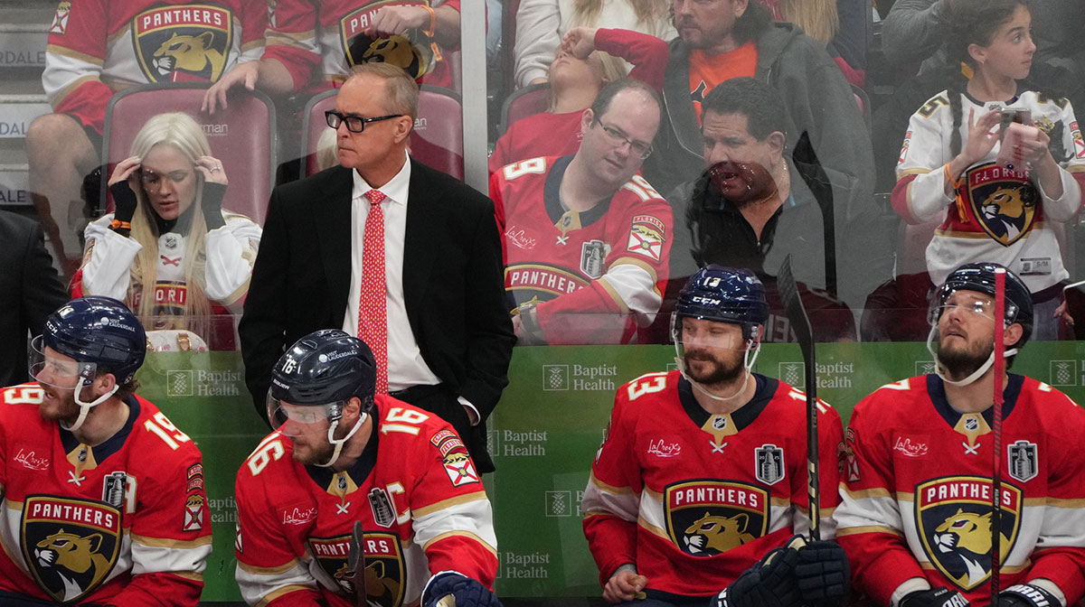 Florida Panthers head coach Paul Maurice looks on during the third period against the Edmonton Oilers in game three of the 2025 Stanley Cup Final at Amerant Bank Arena.